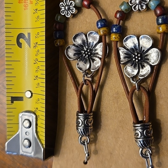 Boho Beaded Leather Rope Dangle Earrings Floral & Multicolor Beads - Picture 7 of 8